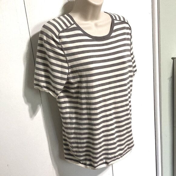 TALBOTS SILK Striped Gray White Short Sleeve Sweater Women's Medium - Picture 3 of 13